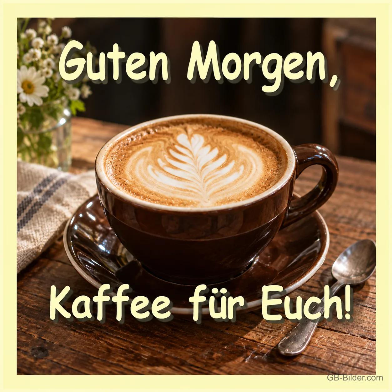 Cappuccino mit Milchschaum auf einem Holztisch, Text: Guten Morgen, Kaffee für Euch!