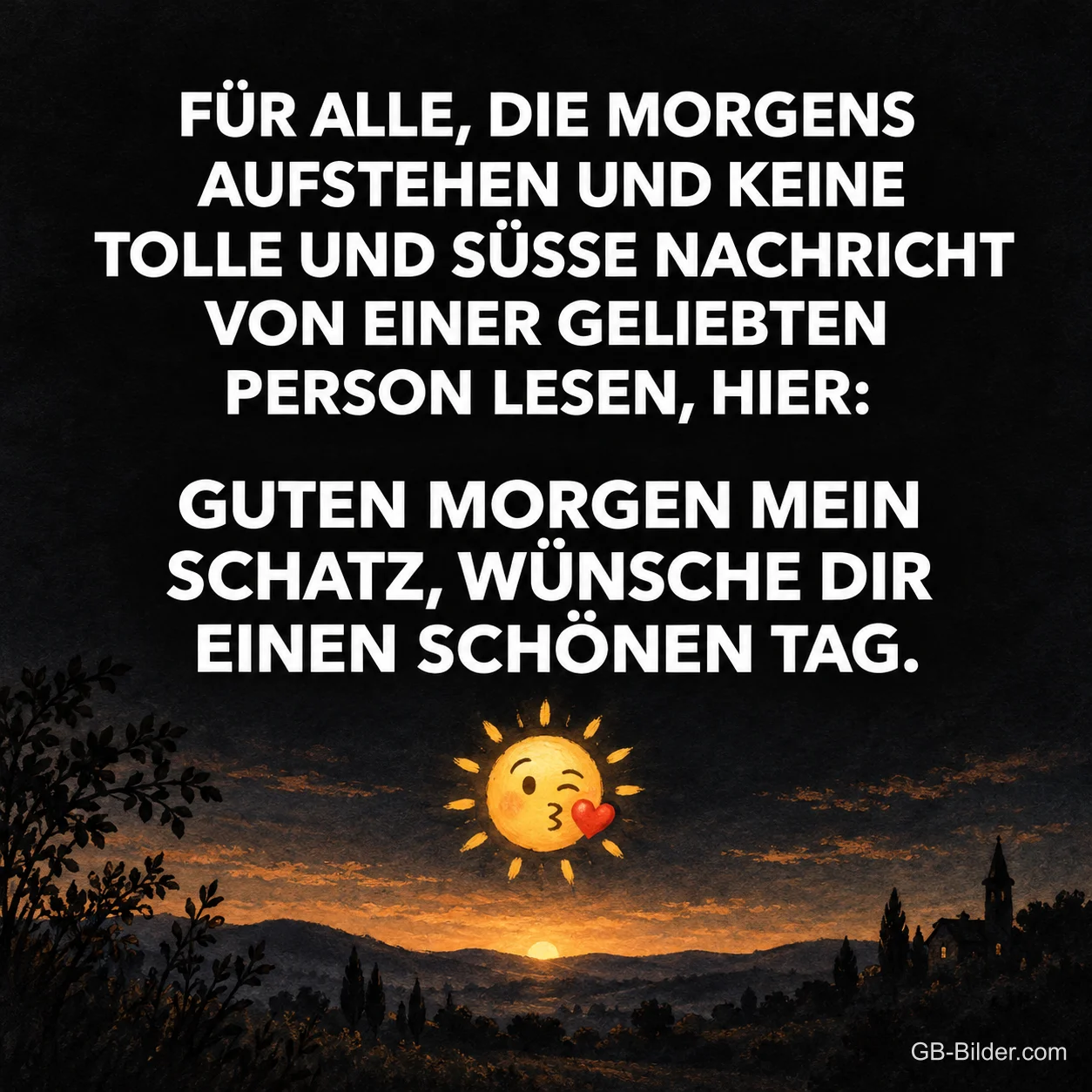 Weiße Schrift über einer Landschaft mit küssender Sonne, Text: FÜR ALLE, DIE MORGENS AUFSTEHEN UND KEINE TOLLE UND SÜSSE NACHRICHT VON EINER GELIEBTEN PERSON LESEN, HIER: GUTEN MORGEN MEIN SCHATZ, WÜNSCHE DIR EINEN SCHÖNEN TAG.