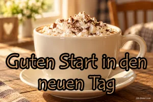 Tasse Kakao mit Sahne und Schokostreuseln am Fenster, Text: Guten Start in den neuen Tag