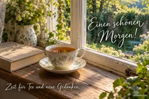 Tee und Buch am Fenster, Text: Einen schönen Morgen