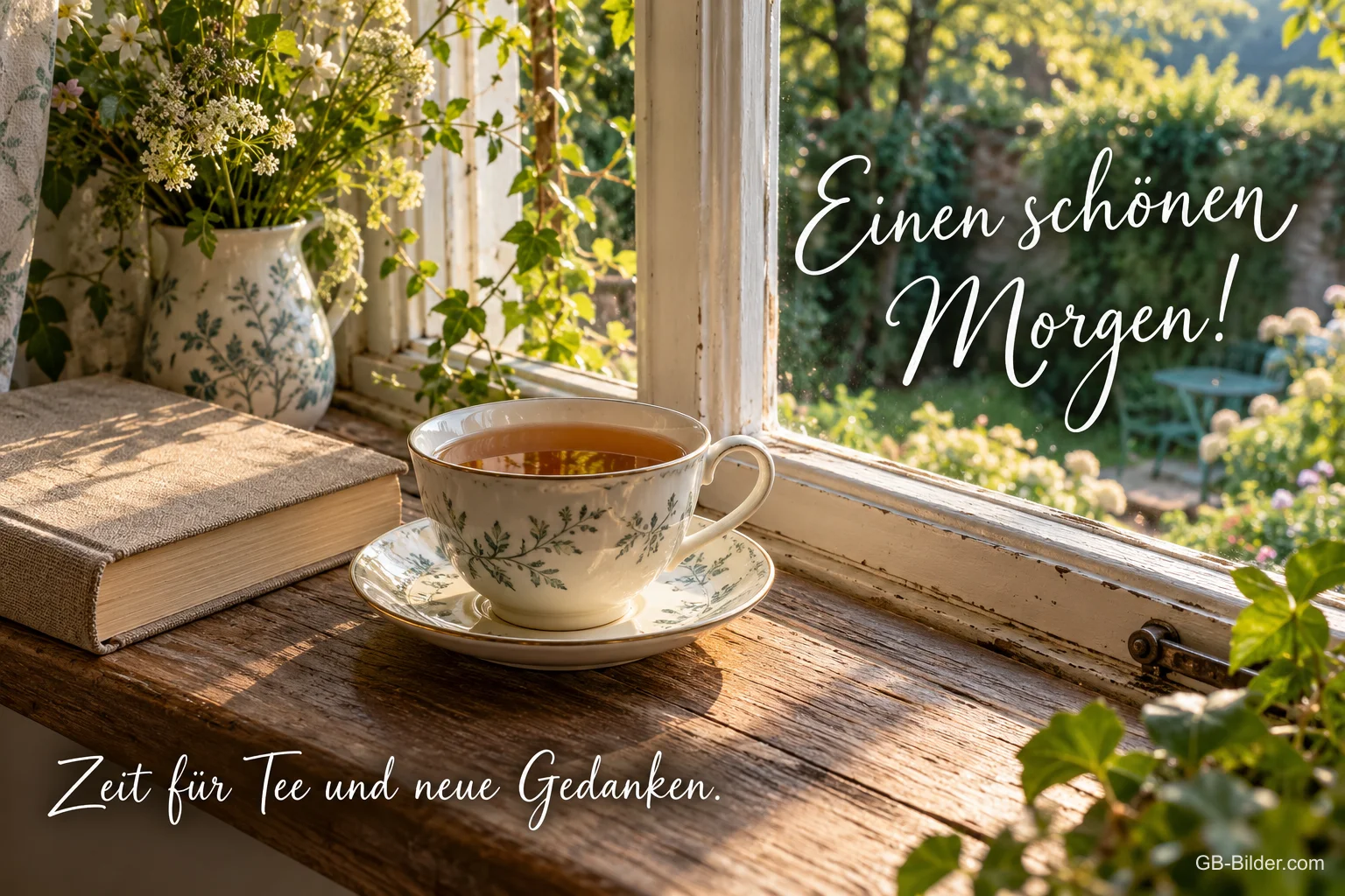 Tee und Buch am Fenster, Text: Einen schönen Morgen