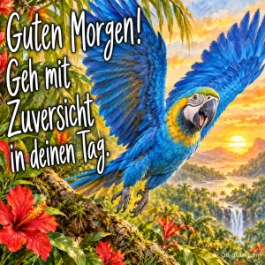 Blauer Ara fliegt über einen tropischen Wald bei Sonnenaufgang, Text: Guten Morgen! Geh mit Zuversicht in deinen Tag.