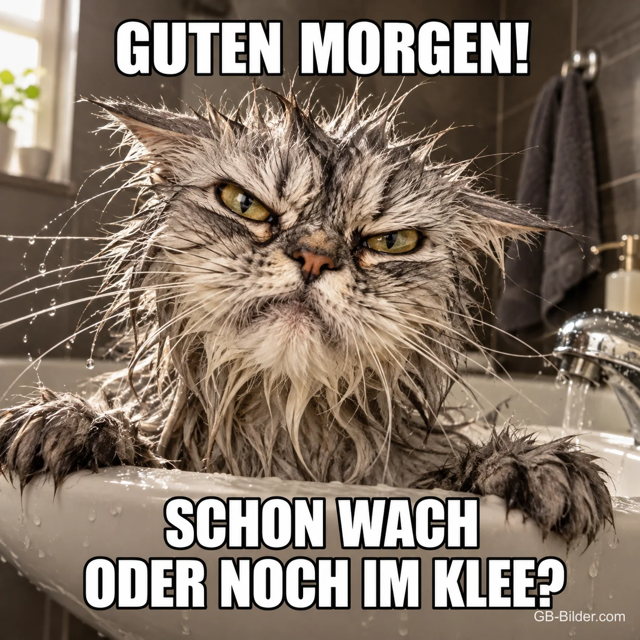 Nasse, grimmig schauende Katze im Waschbecken, Text: GUTEN MORGEN! SCHON WACH ODER NOCH IM KLEE?