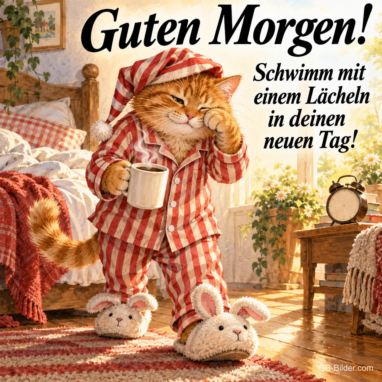 Roter Kater im Schlafanzug mit Kaffeetasse und Hasen-Hausschuhen, Text: Guten Morgen! Schwimm mit einem Lächeln in deinen neuen Tag! Roter Kater im Schlafanzug mit Kaffeetasse und Hasen-Hausschuhen, Text: Guten Morgen! Schwimm mit einem Lächeln in deinen neuen Tag!