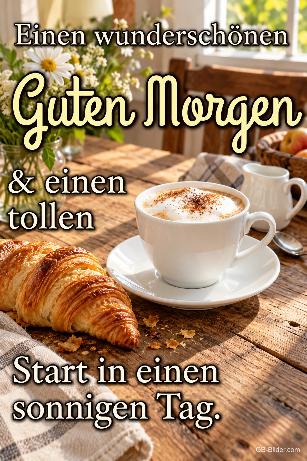 Cappuccino und Croissant auf einem sonnigen Frühstückstisch, Text: Einen wunderschönen Guten Morgen und einen tollen Start in einen sonnigen Tag.