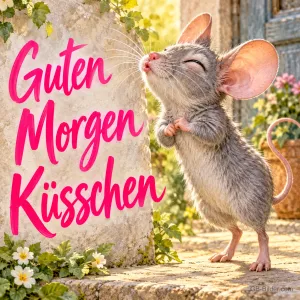 Maus spitzt die Lippen zu einem Küsschen an einer Hauswand, Text: Guten Morgen Küsschen