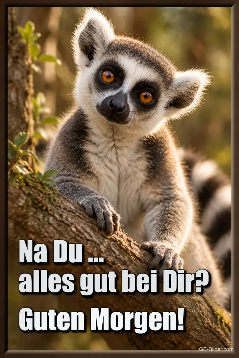 Neugieriger Katta auf einem Ast, Text: Na du … alles gut bei dir? Guten Morgen!