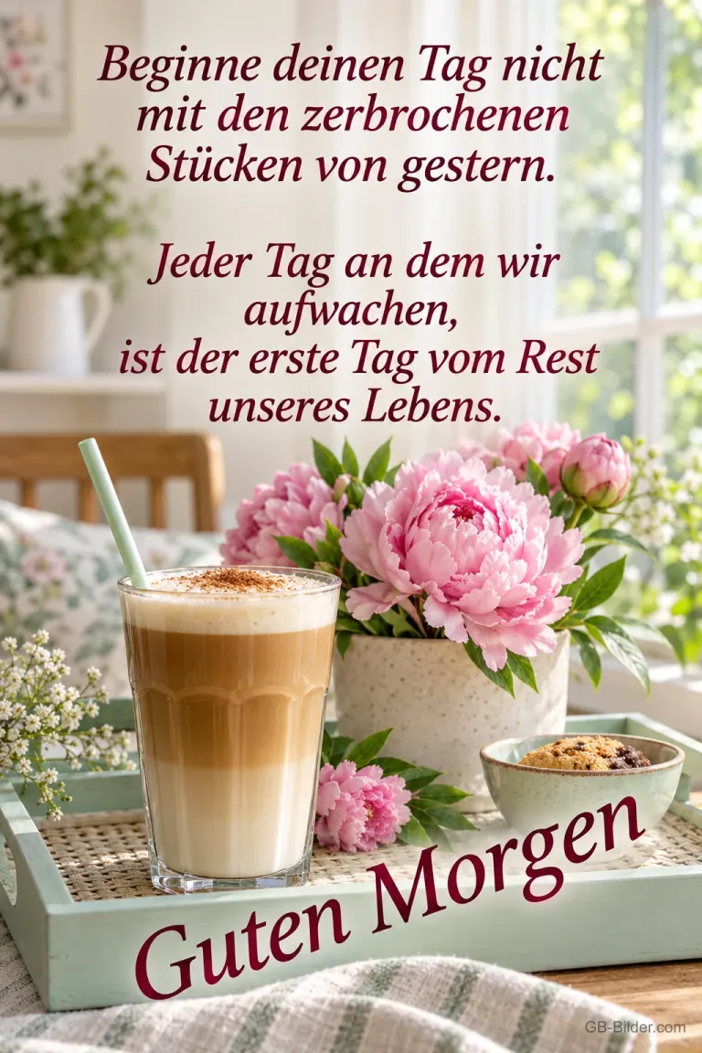 Latte macchiato und Pfingstrosen auf einem Tablett, Text: Beginne deinen Tag nicht mit den zerbrochenen Stücken von gestern. Guten Morgen