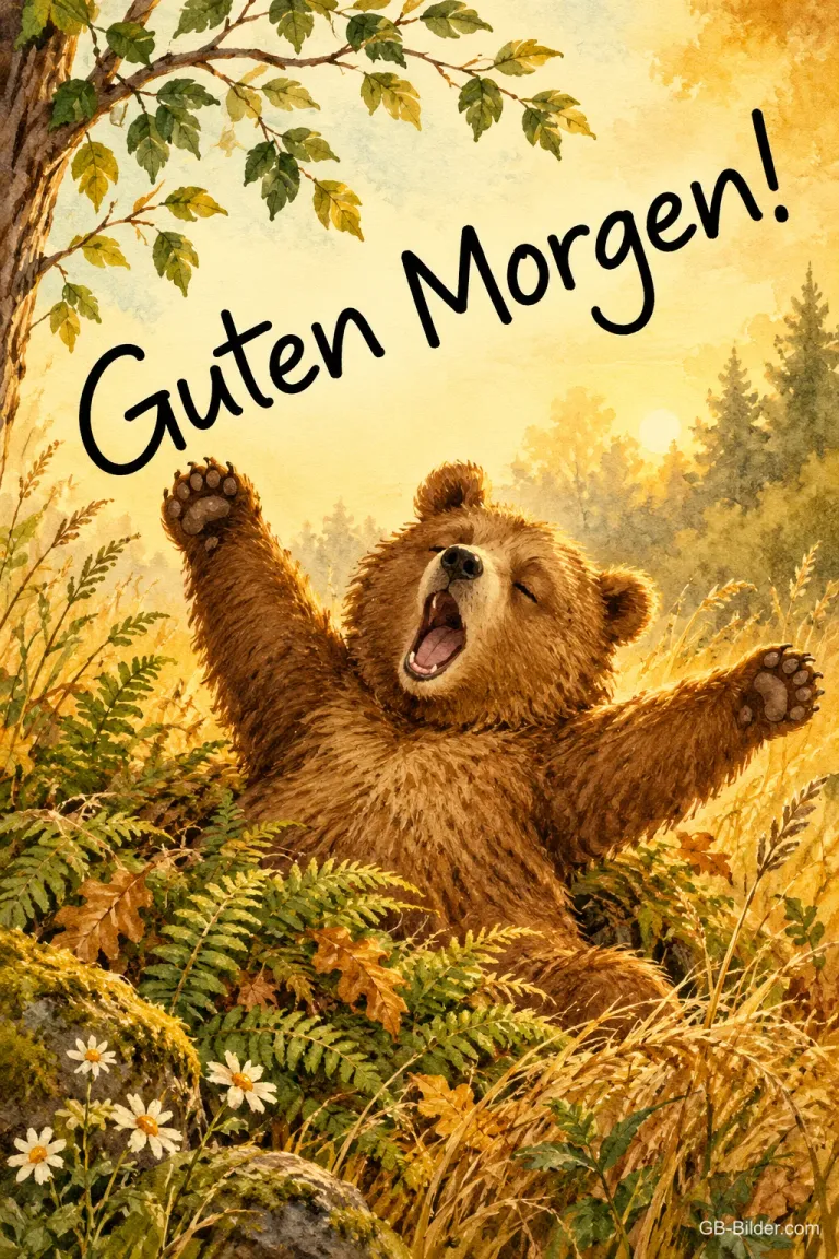 Gähnender Braunbär streckt sich im Wald, Text: Guten Morgen!