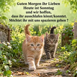 Zwei Kätzchen auf einem Gartenweg, Text: Guten Morgen ihr Lieben. Heute ist Sonntag. Möchtet ihr mit uns spazieren gehen?
