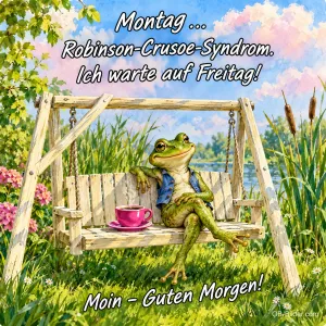 Frosch sitzt entspannt mit Teetasse auf einer Gartenschaukel, Text: Montag … Robinson-Crusoe-Syndrom. Ich warte auf Freitag! Moin – Guten Morgen!