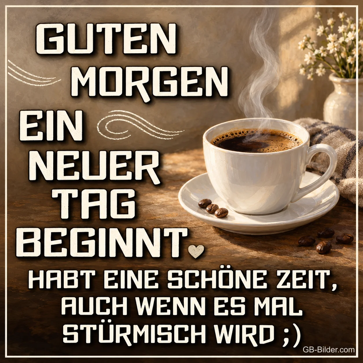 Dampfende Kaffeetasse mit Kaffeebohnen, Text: Guten Morgen – Ein neuer Tag beginnt.