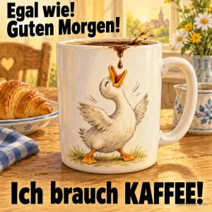Ente auf einer Tasse fängt Kaffeetropfen mit dem Schnabel, Text: Egal wie! Guten Morgen! Ich brauch KAFFEE!
