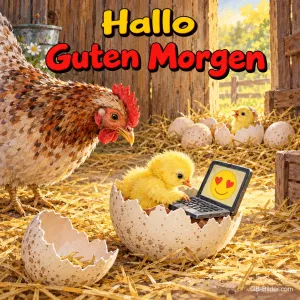 Küken mit Laptop in der Eierschale und staunende Henne, Text: Hallo – Guten Morgen