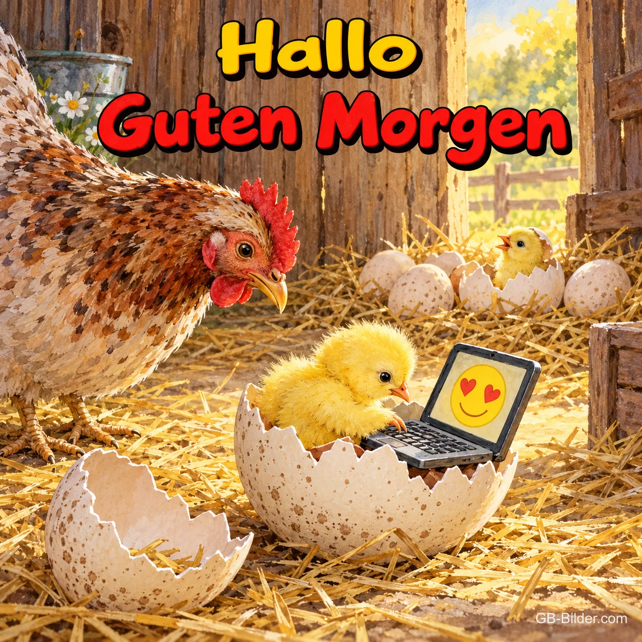 Küken mit Laptop in der Eierschale und staunende Henne, Text: Hallo – Guten Morgen