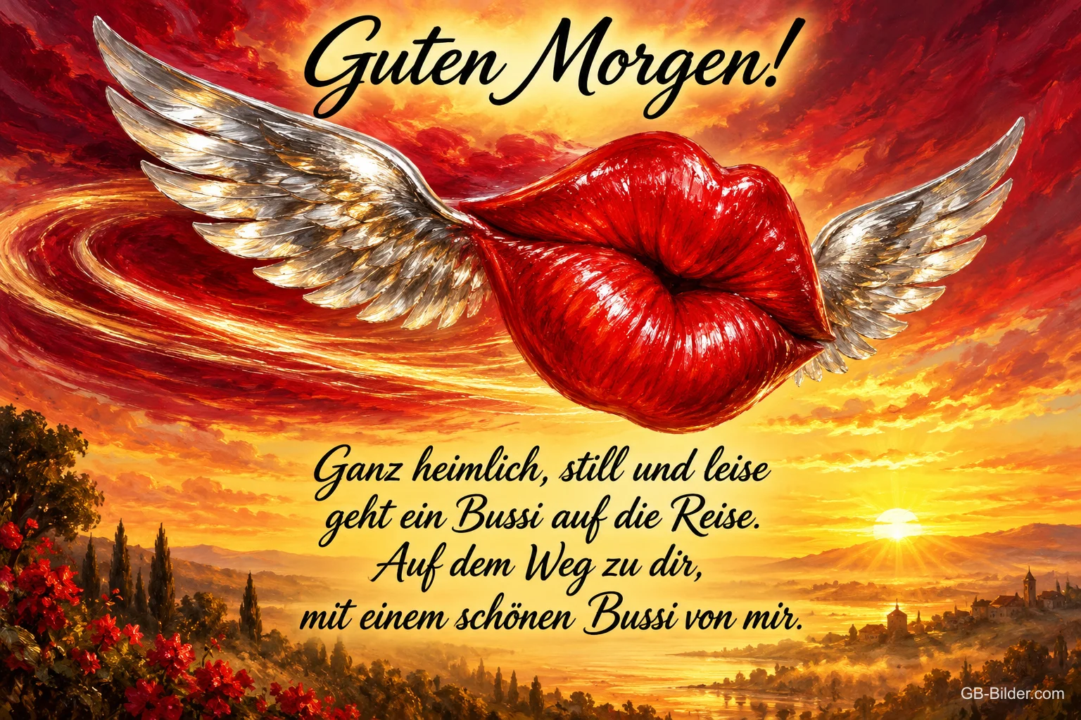 Roter Kussmund mit Flügeln fliegt über eine Landschaft im Sonnenaufgang, Text: Guten Morgen! Ganz heimlich, still und leise geht ein Bussi auf die Reise. Auf dem Weg zu dir, mit einem schönen Bussi von mir.