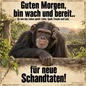 Schimpanse lehnt am Holzzaun, Text: Guten Morgen, bin wach und bereit für neue Schandtaten!