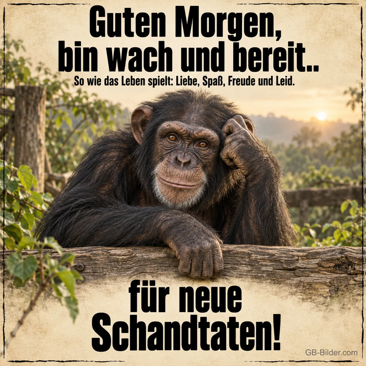 Schimpanse lehnt am Holzzaun, Text: Guten Morgen, bin wach und bereit für neue Schandtaten!