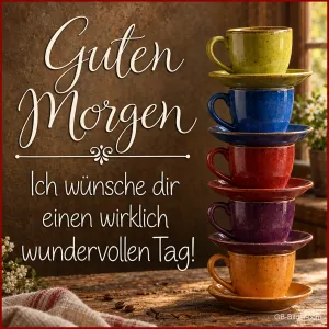 Gestapelte bunte Kaffeetassen, Text: Guten Morgen – Ich wünsche dir einen wirklich wundervollen Tag!