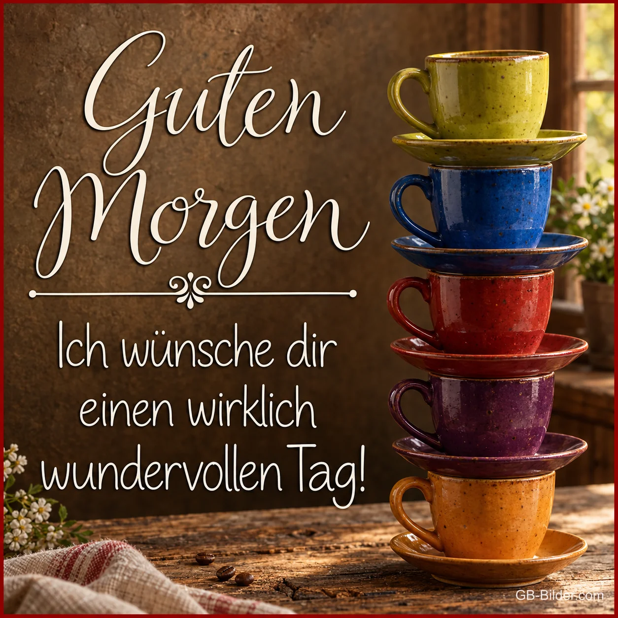 Gestapelte bunte Kaffeetassen, Text: Guten Morgen – Ich wünsche dir einen wirklich wundervollen Tag!