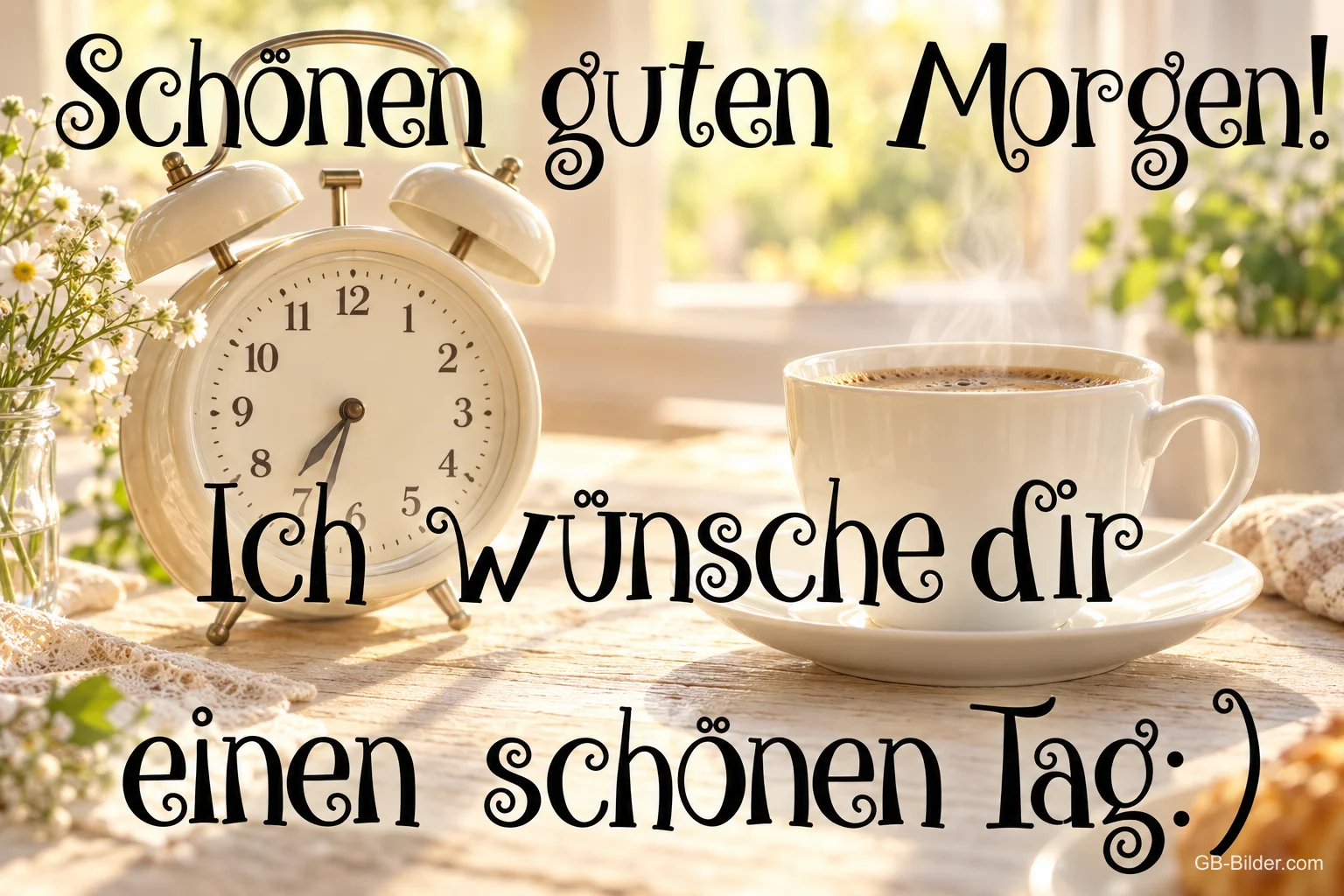 Wecker und Kaffeetasse im Morgenlicht, Text: Schönen guten Morgen! Ich wünsche dir einen schönen Tag