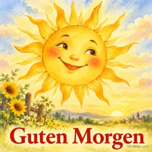 Lächelnde gemalte Sonne über Sonnenblumen, Text: Guten Morgen