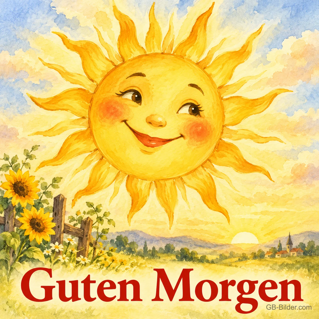 Lächelnde gemalte Sonne über Sonnenblumen, Text: Guten Morgen