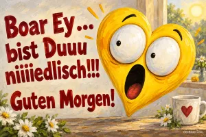 Gelbes Herz mit großen Augen und offenem Mund neben einer Kaffeetasse, Text: Boar Ey ... bist Duuu niiiiedlisch!!! Guten Morgen!