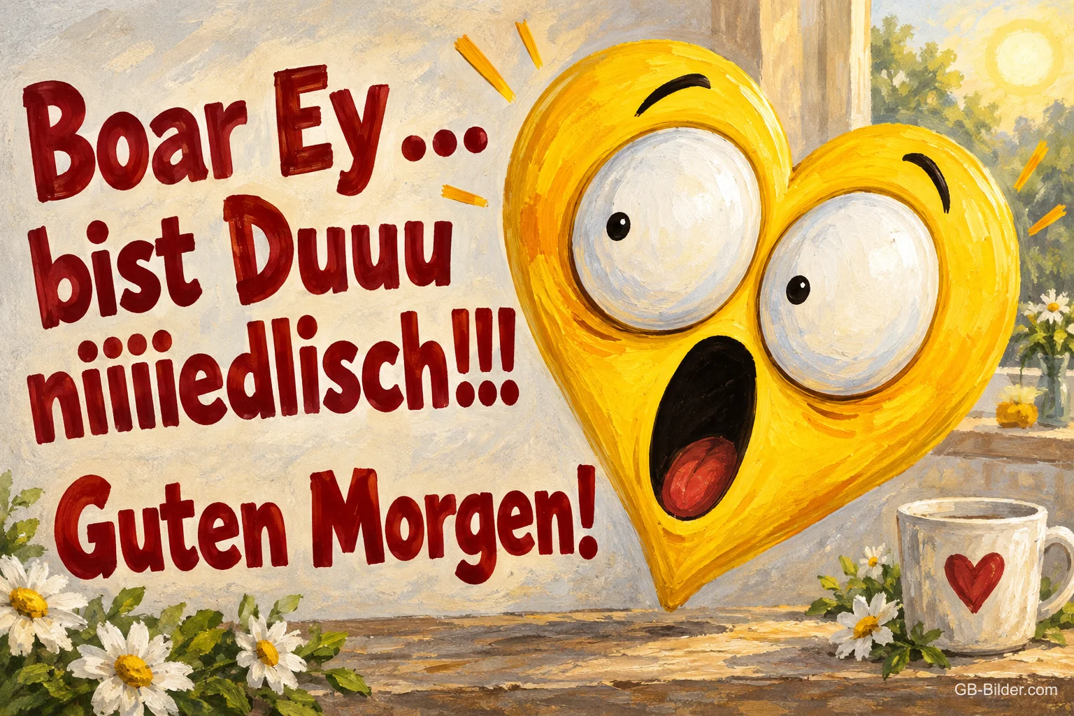 Gelbes Herz mit großen Augen und offenem Mund neben einer Kaffeetasse, Text: Boar Ey ... bist Duuu niiiiedlisch!!! Guten Morgen!