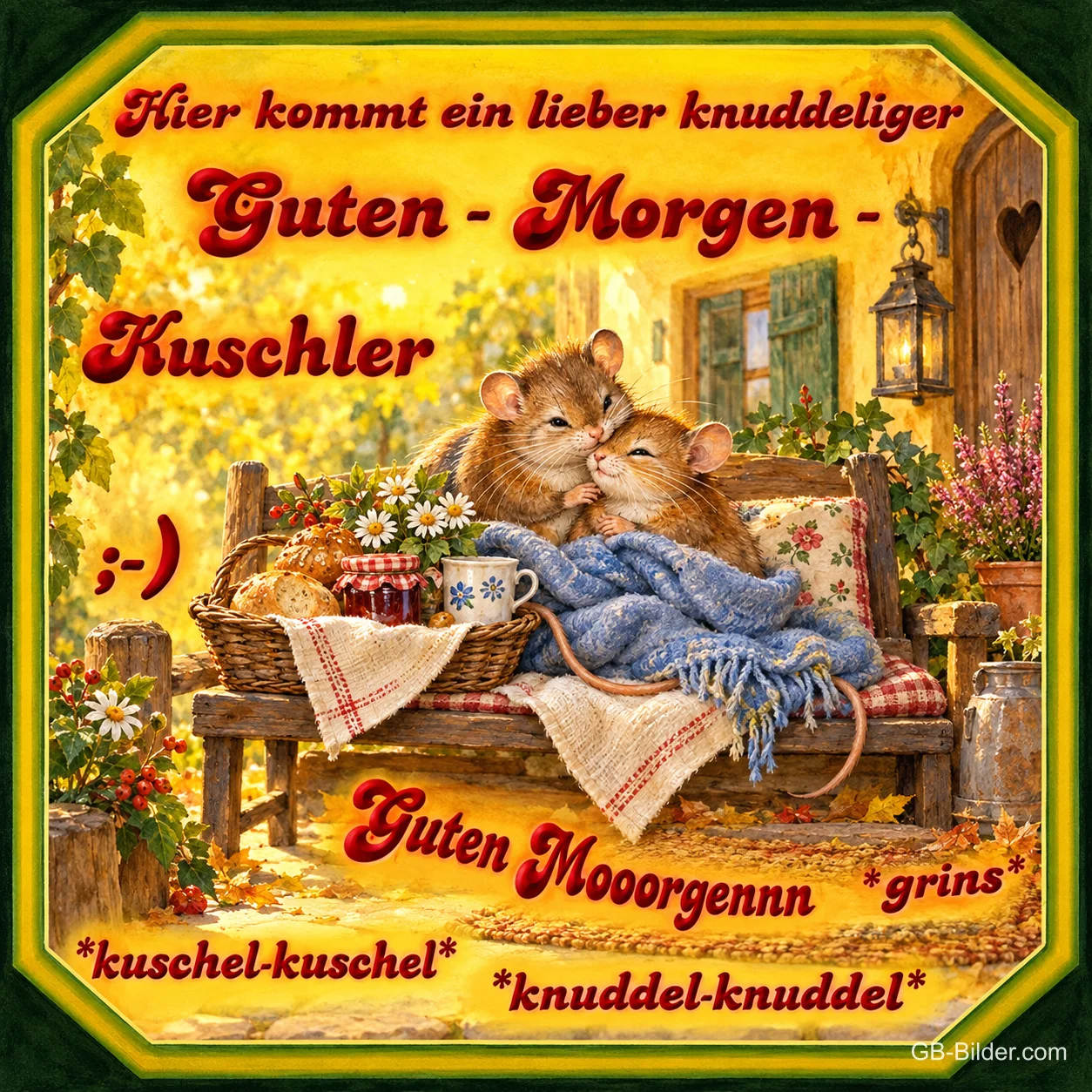 Zwei kuschelnde Mäuse auf einer Bank, Text: Hier kommt ein lieber knuddeliger Guten-Morgen-Kuschler