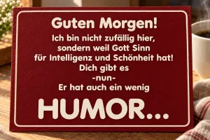 Rotes Schild neben Kaffeetasse, lustiger Spruch: Ich bin nicht zufällig hier. Guten Morgen!