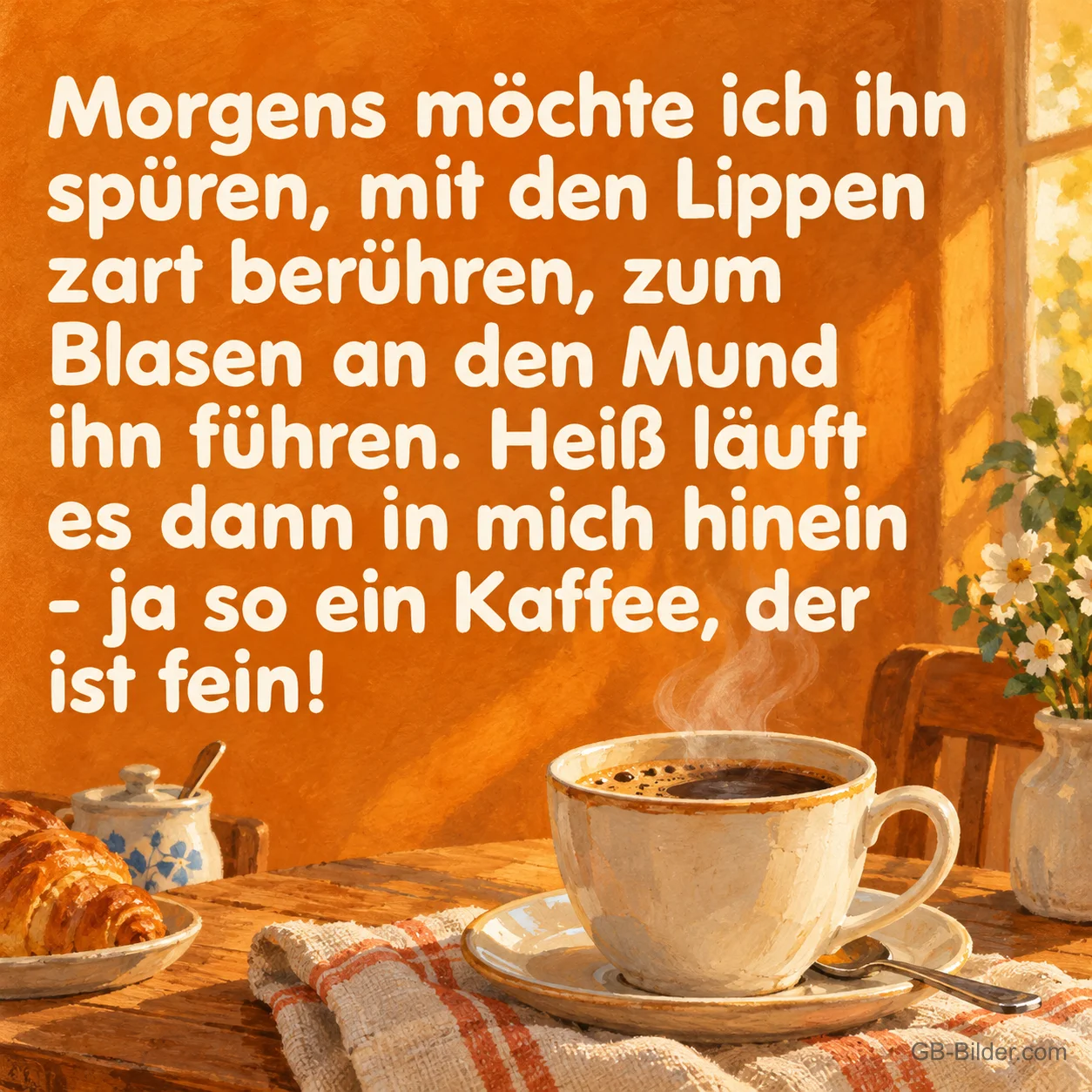 Tasse Kaffee mit Croissant, lustiges Kaffeegedicht: ja so ein Kaffee, der ist fein!