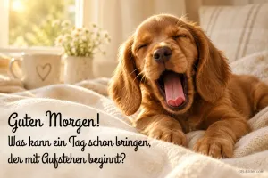 Gähnender Welpe auf einer Decke, Text: Guten Morgen! Was kann ein Tag schon bringen, der mit Aufstehen beginnt?