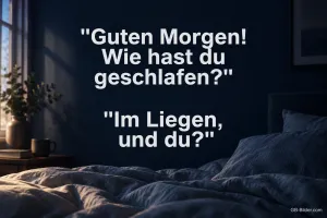 Zerwühltes Bett im dunklen Schlafzimmer, lustiger Spruch: Wie hast du geschlafen? Im Liegen, und du?