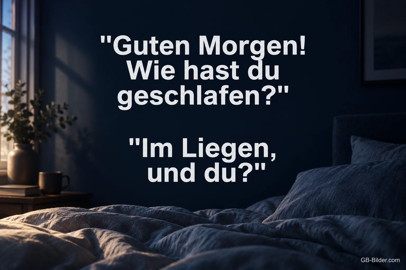 Zerwühltes Bett im dunklen Schlafzimmer, lustiger Spruch: Wie hast du geschlafen? Im Liegen, und du?