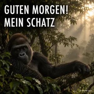 Gorilla auf einem Ast im Regenwald, Text: Guten Morgen! Mein Schatz