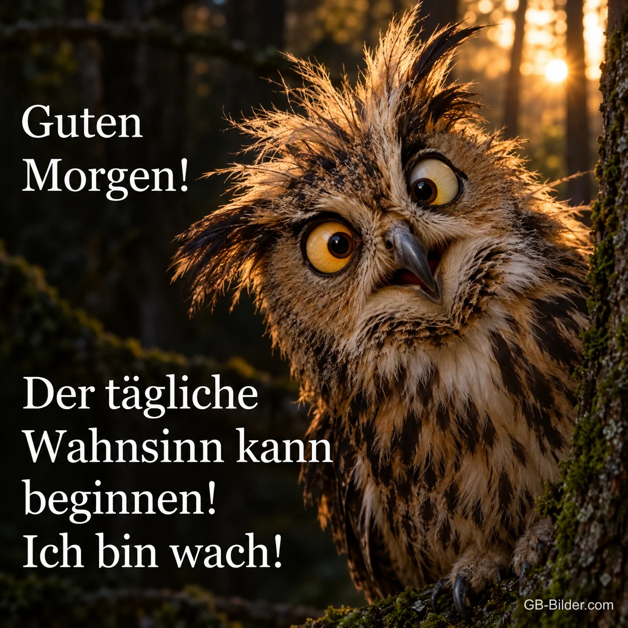 Zerzauste Eule mit großen Augen schaut im Wald um einen Baum, Text: Guten Morgen! Der tägliche Wahnsinn kann beginnen! Ich bin wach!
