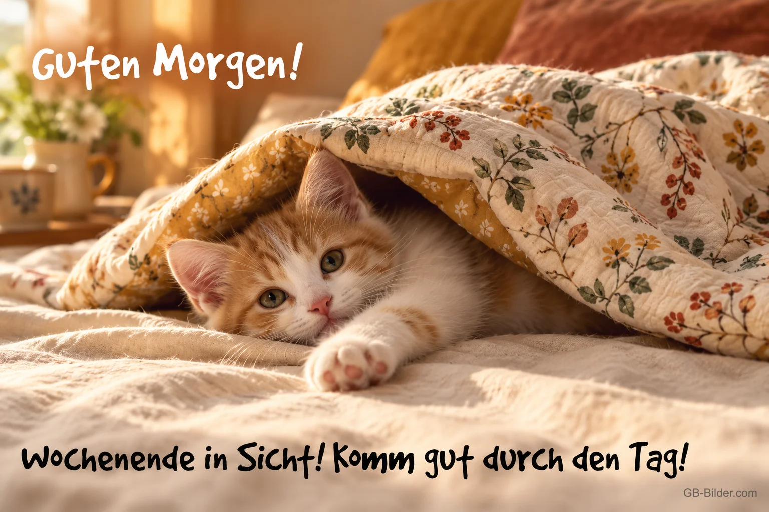 Kätzchen unter einer geblümten Decke, Text: Guten Morgen! Wochenende in Sicht! Kätzchen unter einer geblümten Decke, Text: Guten Morgen! Wochenende in Sicht!
