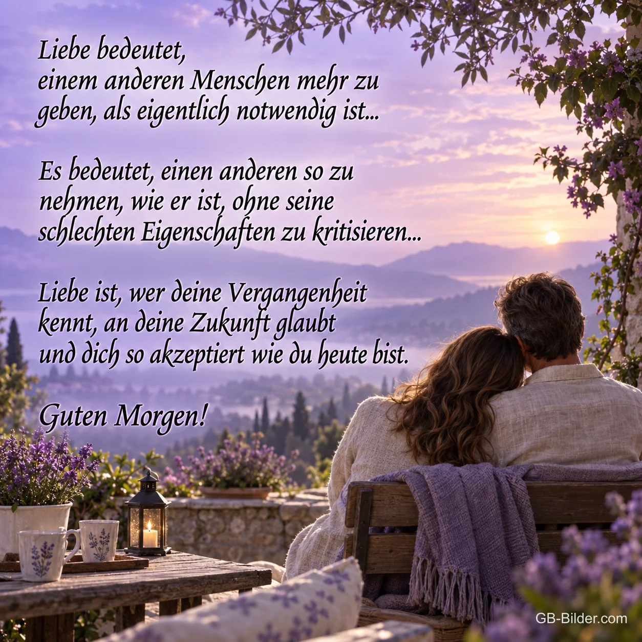 Paar auf einer Terrasse mit Lavendel, Spruch über die Liebe, Guten Morgen!