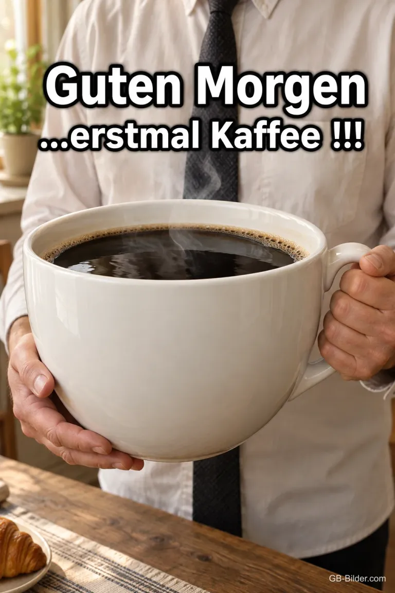 Mann hält eine riesige Kaffeetasse, Text: Guten Morgen ...erstmal Kaffee!