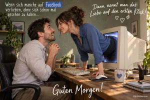 Frau beugt sich aus dem Computerbildschirm einem lächelnden Mann entgegen, Text: Wenn sich manche auf Facebook verlieben, ohne sich schon mal gesehen zu haben... Dann nennt man das Liebe auf den ersten Klick! Guten Morgen!