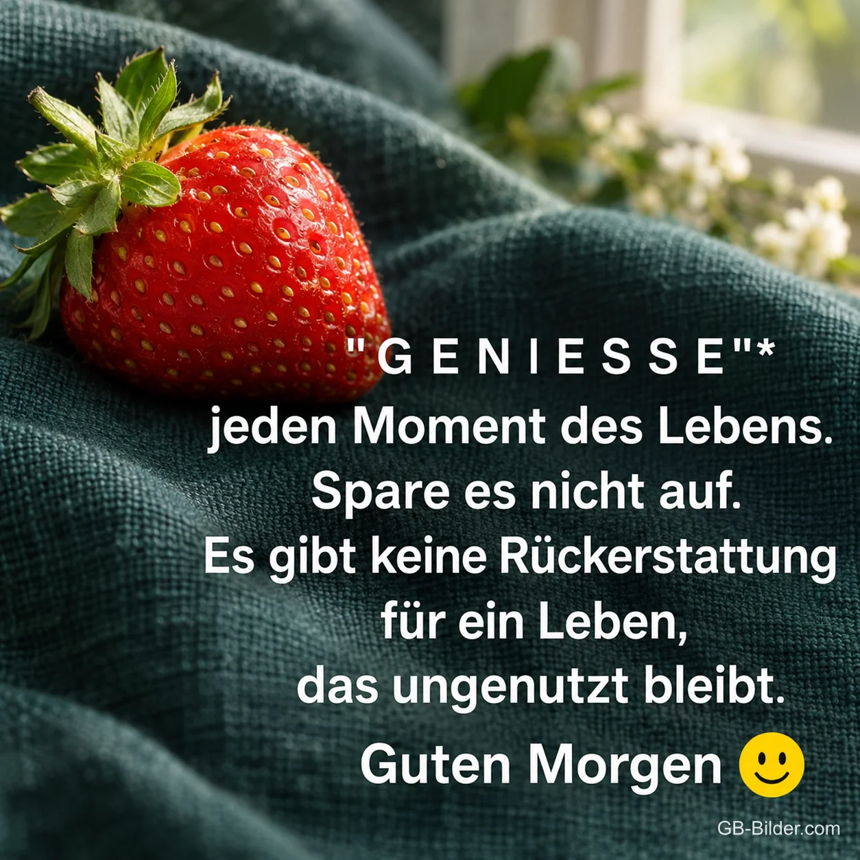 Erdbeere auf grünem Stoff, Spruch: Genieße jeden Moment des Lebens. Guten Morgen