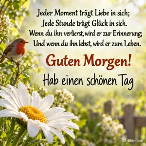 Rotkehlchen und Margerite, Spruch: Jeder Moment trägt Liebe in sich. Guten Morgen!