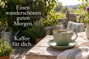 Kaffeetasse im Garten, Text: Einen wunderschönen guten Morgen