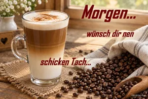 Latte macchiato mit Kaffeebohnen, Text: Morgen... wünsch dir nen schicken Tach...