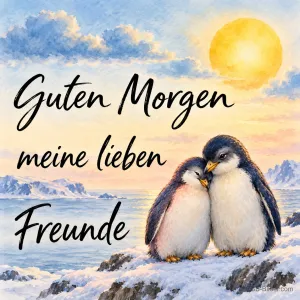 Zwei kuschelnde Pinguine im Schnee, Text: Guten Morgen meine lieben Freunde