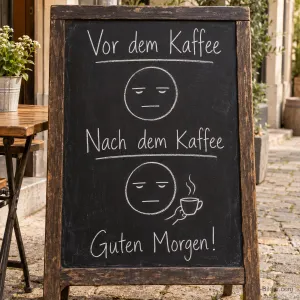 Kreidetafel vor einem Café, lustiger Text: Vor dem Kaffee, nach dem Kaffee, Guten Morgen!