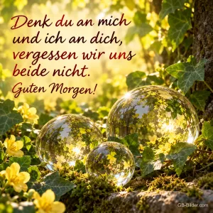 Glaskugeln zwischen Blüten, Spruch: Denk du an mich und ich an dich, Guten Morgen!