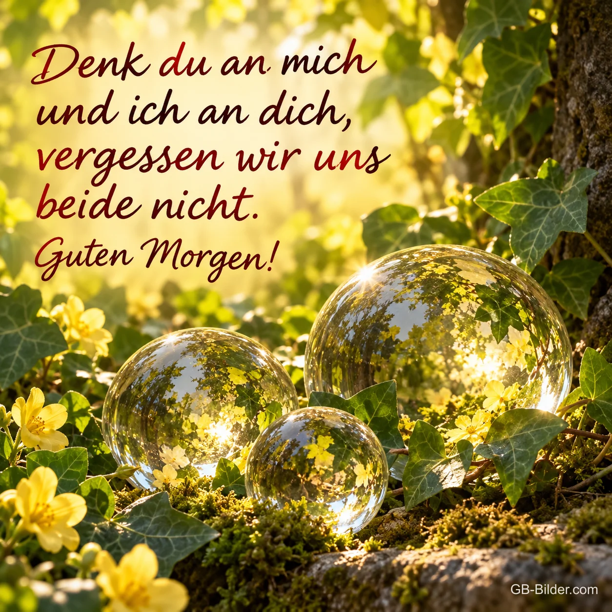 Glaskugeln zwischen Blüten, Spruch: Denk du an mich und ich an dich, Guten Morgen!