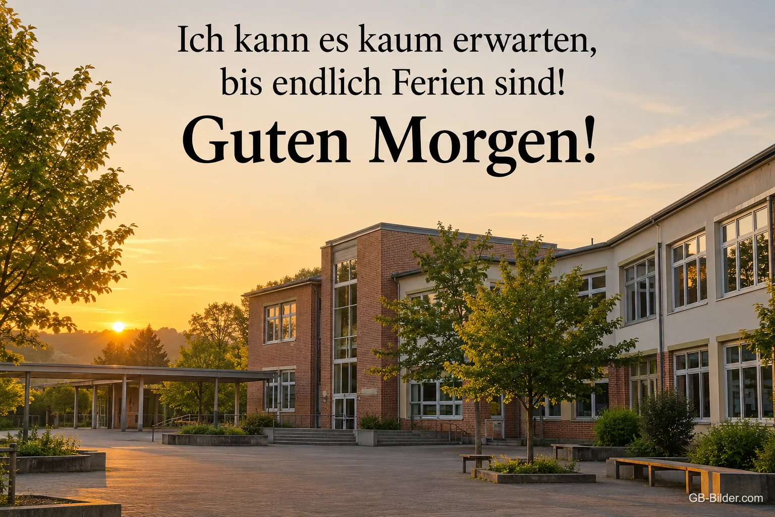 Schulgebäude im Sonnenaufgang, lustiger Text: Ich kann es kaum erwarten, bis endlich Ferien sind! Guten Morgen!